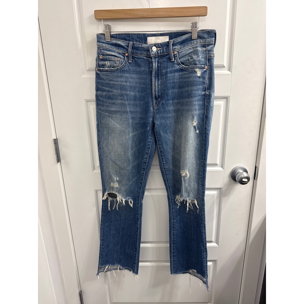 Mother Superior The Insider Crop Step Chew Distressed Jeans Blue Size 28